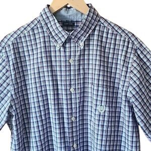 Chaps Button Down Shirt Mens L Blue Checkered Excellent Easy Care Short Sleeve